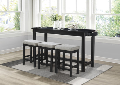 4-Piece Counter Height Dining Set with USB Ports, Drawer, Rect Table & 3 Stools, Durable Wood Black