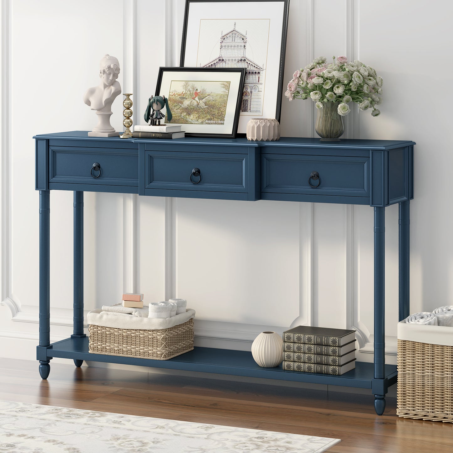 52-Inch Console Table with 3 Drawers and Lower Shelf for Entryway, Solid Wood + MDF, Antique Navy