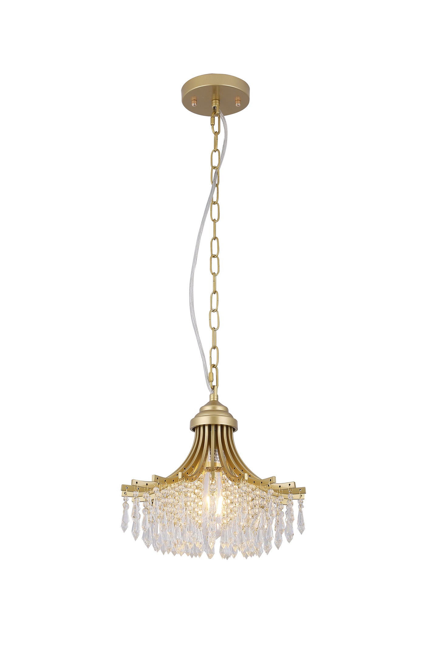 11.75-Inch Pendant Light, 1-Bulb, Fan-Shape Glass Bead Shade, Metal Chandelier, Dimmable, 10-Inch, Gold