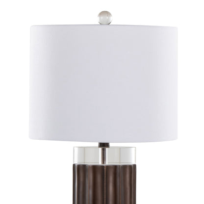 29.25-Inch Fluted Cylinder Table Lamp, Polyresin Base, Crystal Cylinders, White Linen Shade, Brown Lustre