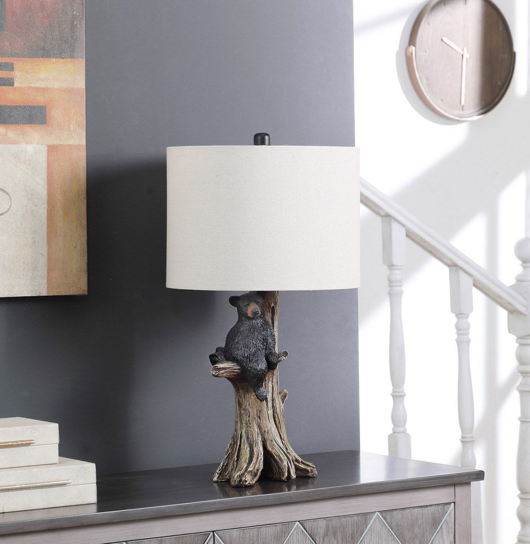 24.75-Inch Polyresin Table Lamp with Bear on Tree, Beige Cotton/Linen Drum Shade, E26 Compatible, Multicolor