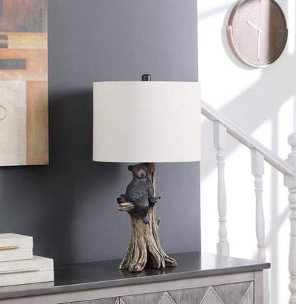 24.75-Inch Polyresin Table Lamp with Bear on Tree, Beige Cotton/Linen Drum Shade, E26 Compatible, Multicolor