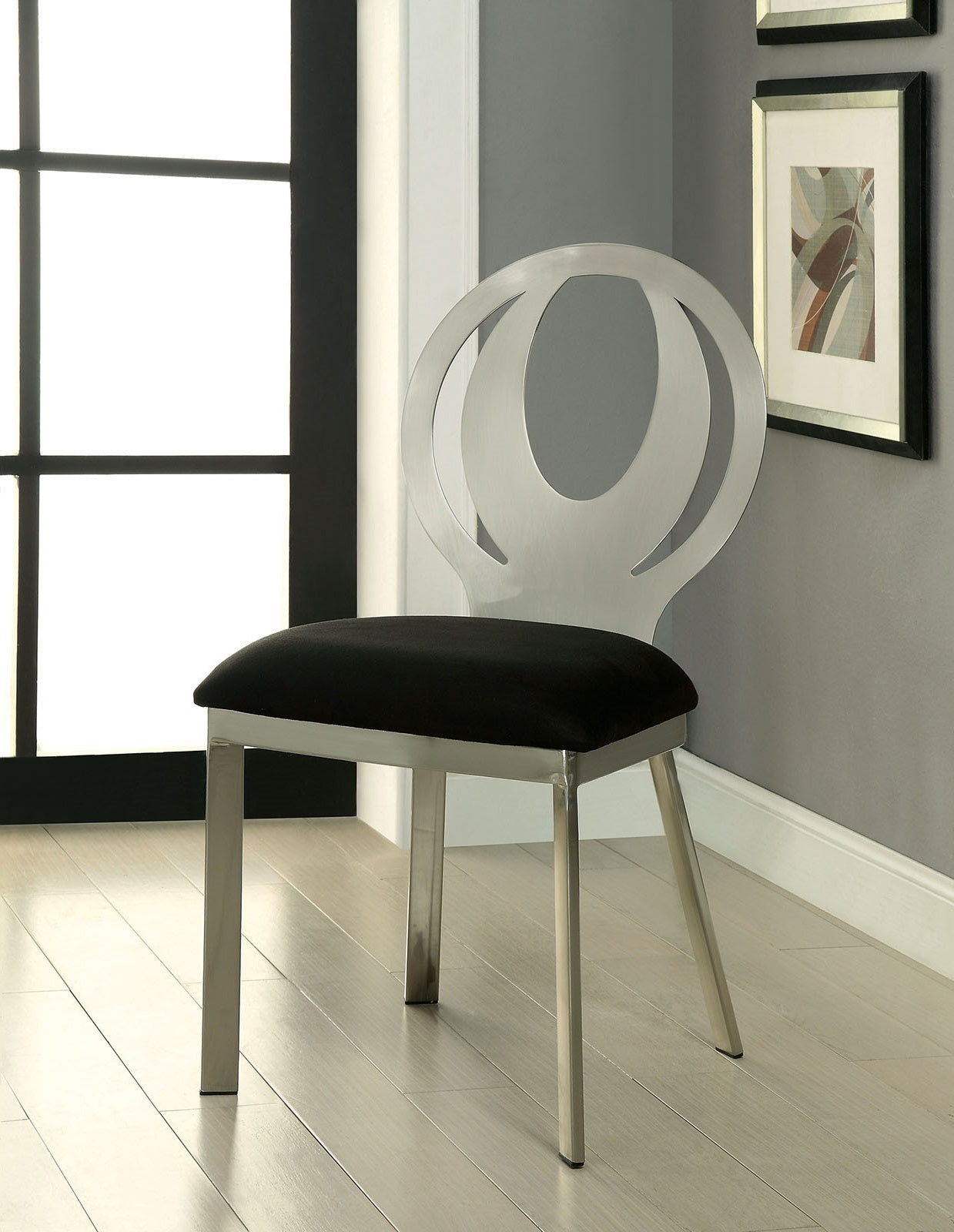 Contemporary 2pc Metal-Frame Dining Chairs with Microfiber Seats, Oval Back, Powder-Coated Satin Finish Black