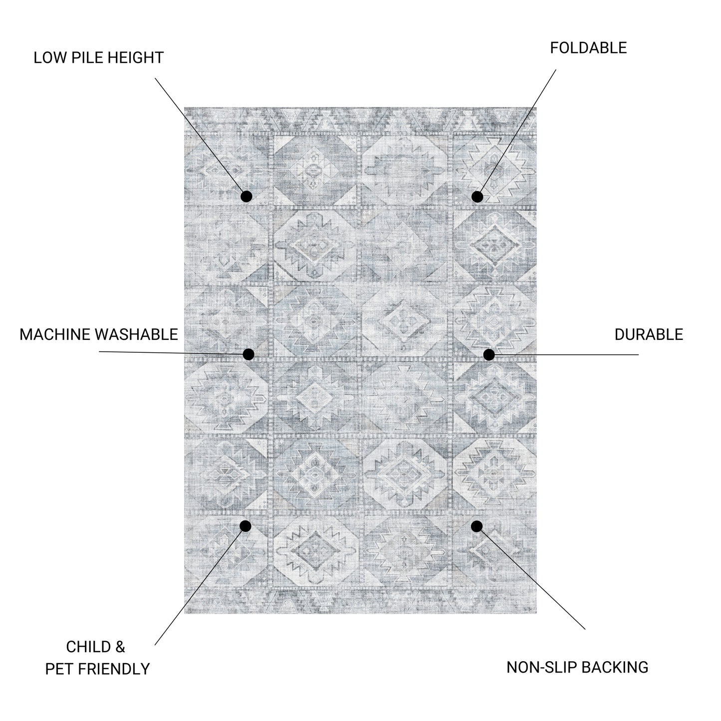 5' x 7' Washable Non-Slip Area Rug, Low-Pile Polyester, TPR Backing, Durable for High-Traffic, Silver