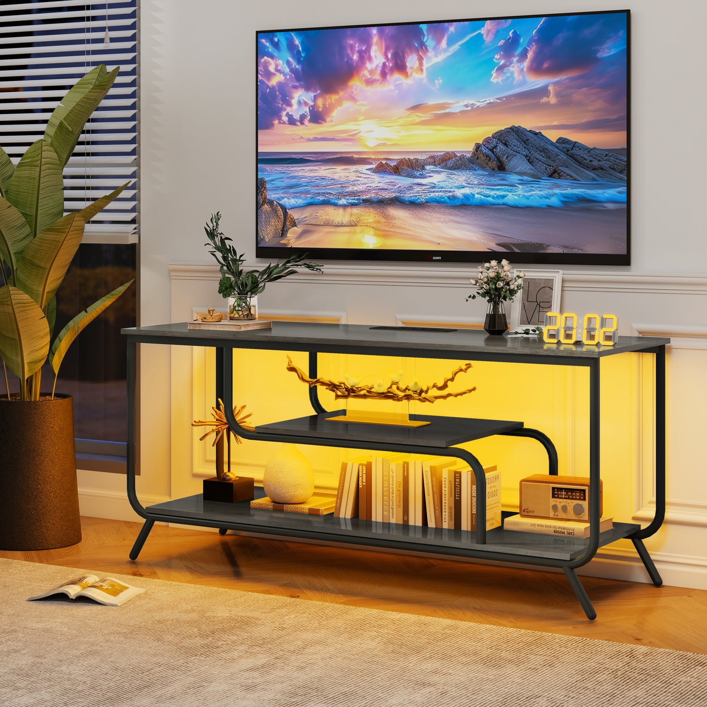 TV Stand with Outlets, USB, and LED Lighting; fits up to 55 in TV; MDF+Iron; Console; Light Gray