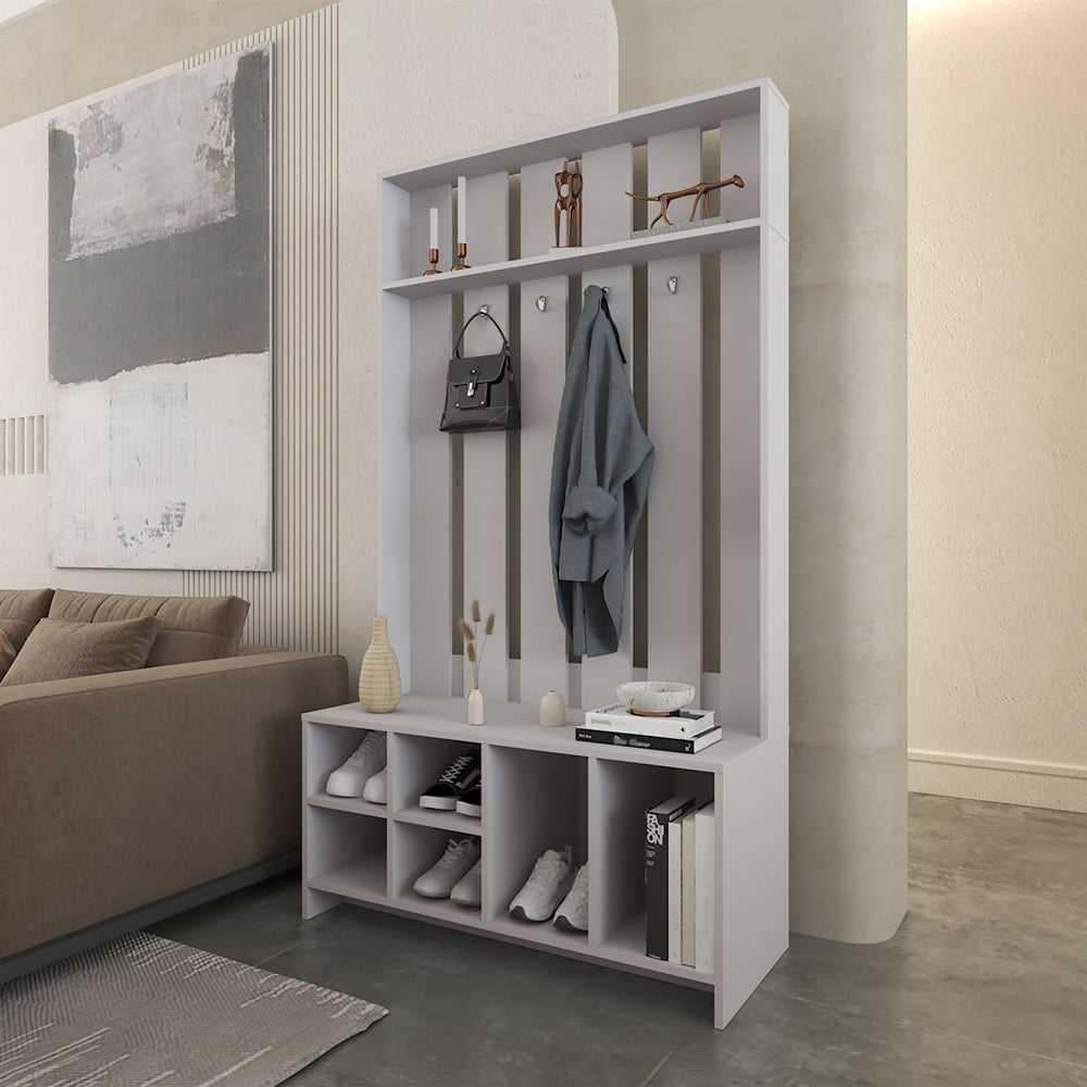Hall Tree with Shoe Storage, 4 Shelves, 2 Compartments, 4 Hooks, Modern Entryway Organizer, Concrete Gray