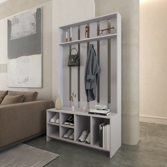 Hall Tree with Shoe Storage, 4 Shelves, 2 Compartments, 4 Hooks, Modern Entryway Organizer, Concrete Gray