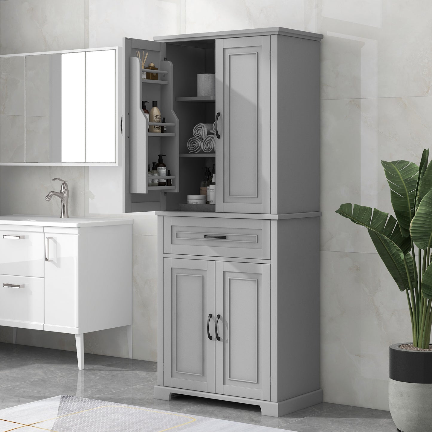 Tall Grey MDF Bathroom Storage Cabinet with Adjustable Shelf and Multiple Storage Solutions
