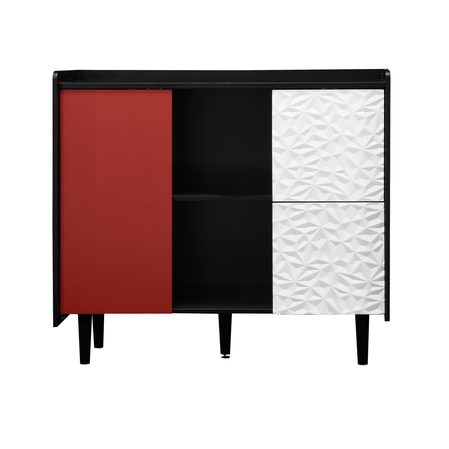 Sideboard Buffet Cabinet, Black Storage Cabinet with Red Doors , 2 Drawers with unique panel styling and 2 Open Storage Compartment, Modern Coffee Bar Cabinet Accent Cabinet for Kitchen, Dining Room,