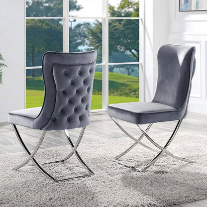 2 Velvet Dining Chairs with Button-Tufted Upholstery, Chrome Frame, 20.75W x 26.5D x 38H, Glam, Gray