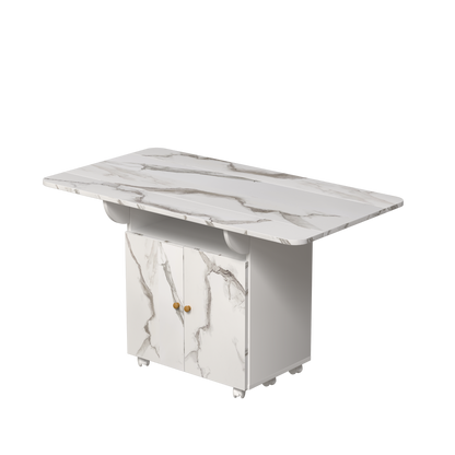 Folding Dining Table Storage Wheels 47Inch White Marble