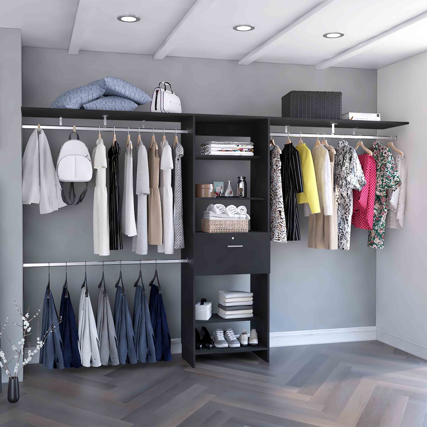 Plego Adjustable Black Closet System with Drawers, Hanging Rods, and Shelves - 70"W to 118"W