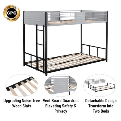 Sturdy Metal Twin Over Twin Bunk Bed with Safety Guardrail and Noise-Reduced Design