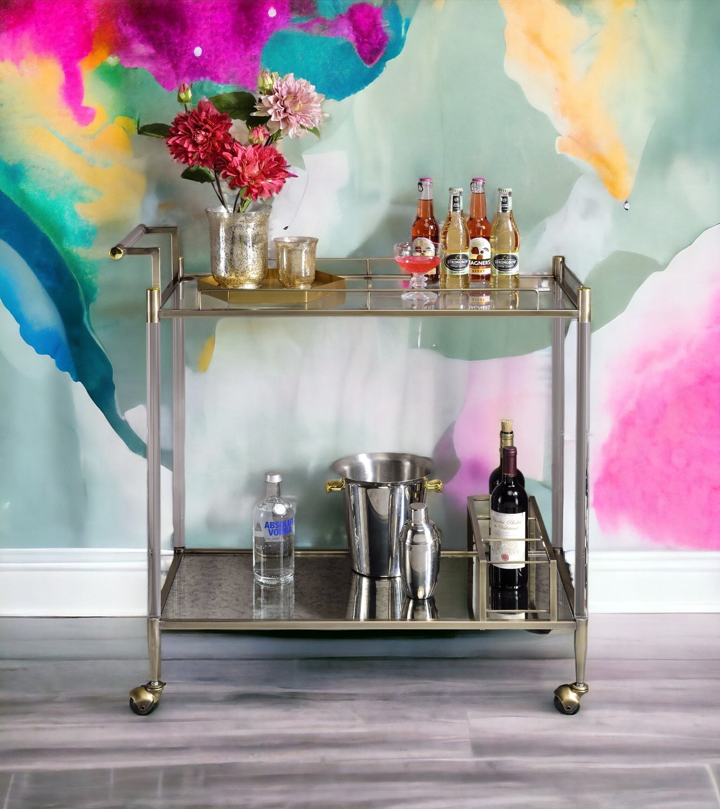 Vintage Elegance Brass Finish Serving Cart Antique Mirror