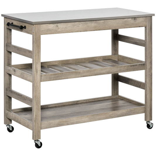 Grey Rolling Kitchen Island Cart With Stainless Steel Top