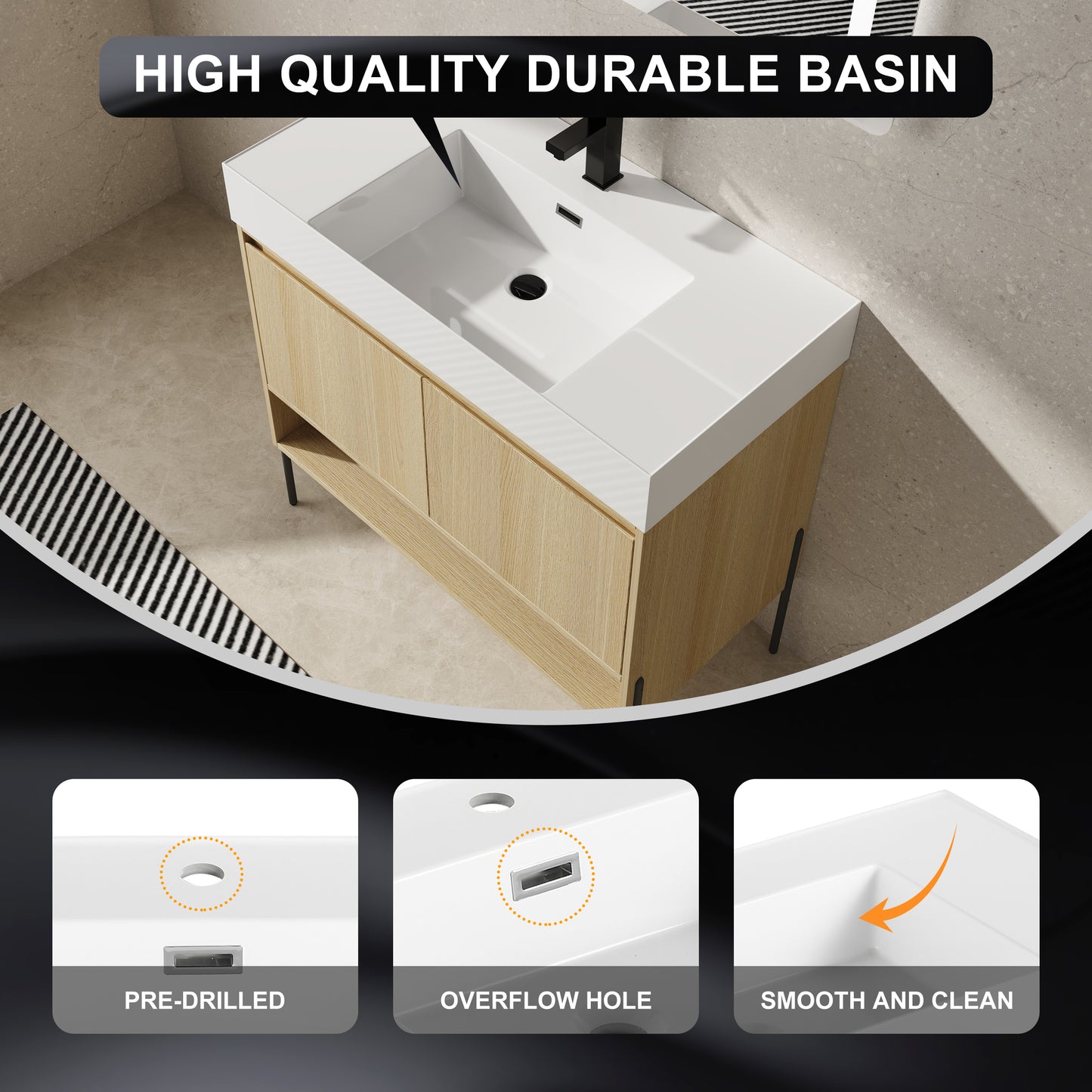 36" Modern Oak Bathroom Vanity Set with Easy-Clean Resin Sink and Multi-Layer Solid Wood Cabinet