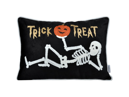 Halloween Skeleton Throw Pillow 14x20 Lumbar Cushion Trick-or-Treat White Piping Polyester Velvet Black