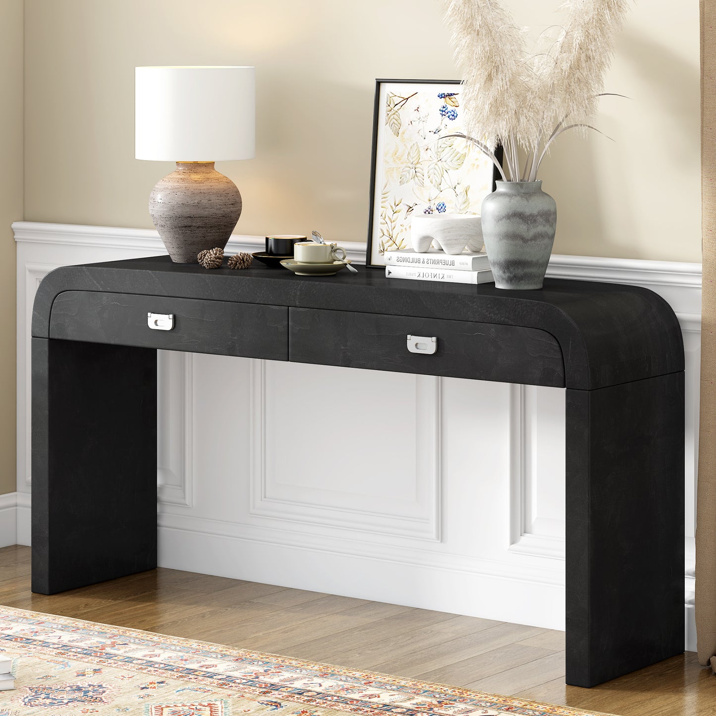 60-Inch Burl Veneer Console Table with 2 Large Drawers, Zinc Handles, Long Legs, Hallway/Office Black