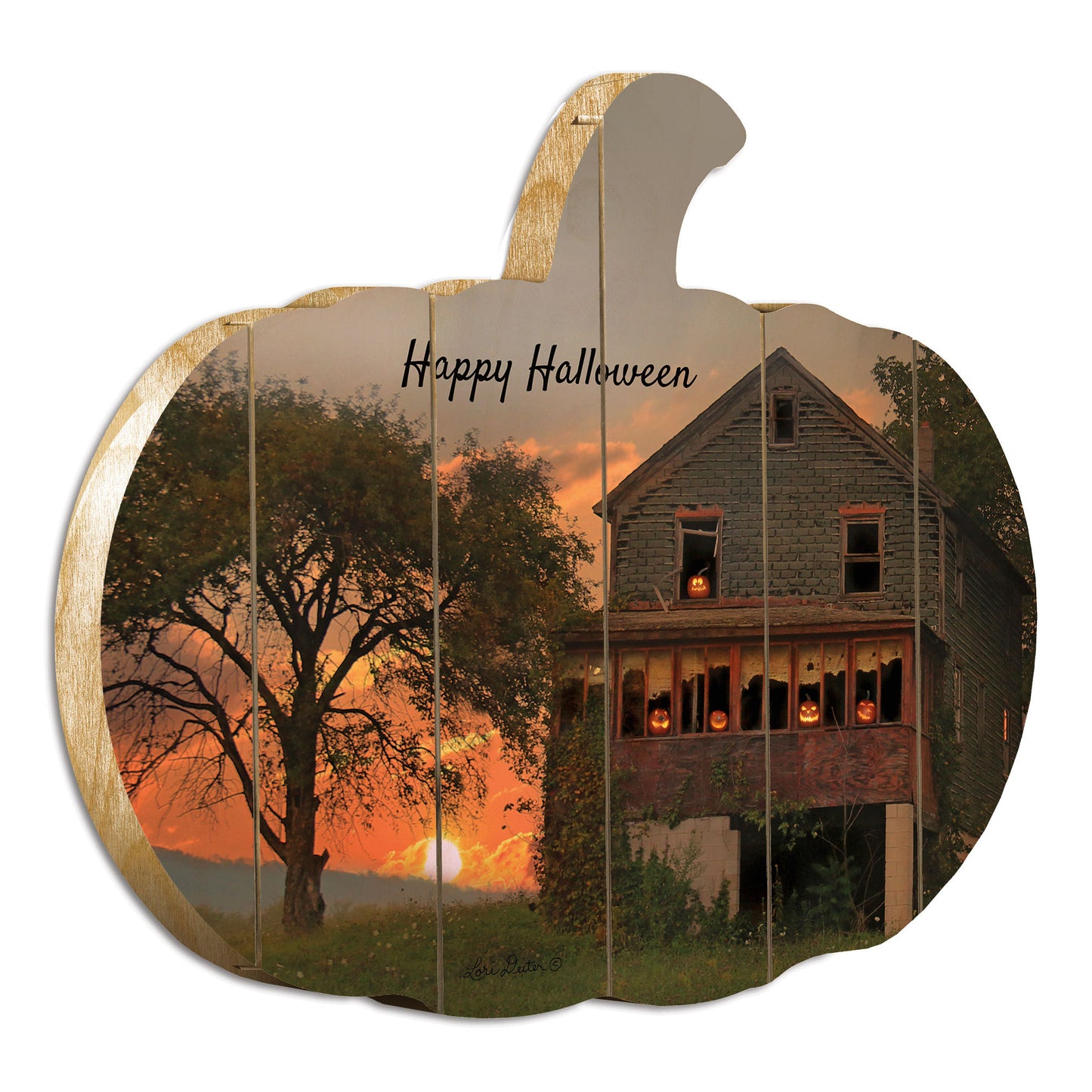 Wooden Pumpkin Wall Art – Happy Halloween Print, 17.25 x 15 in, 1 in D, Living Room Decor – Multicolor