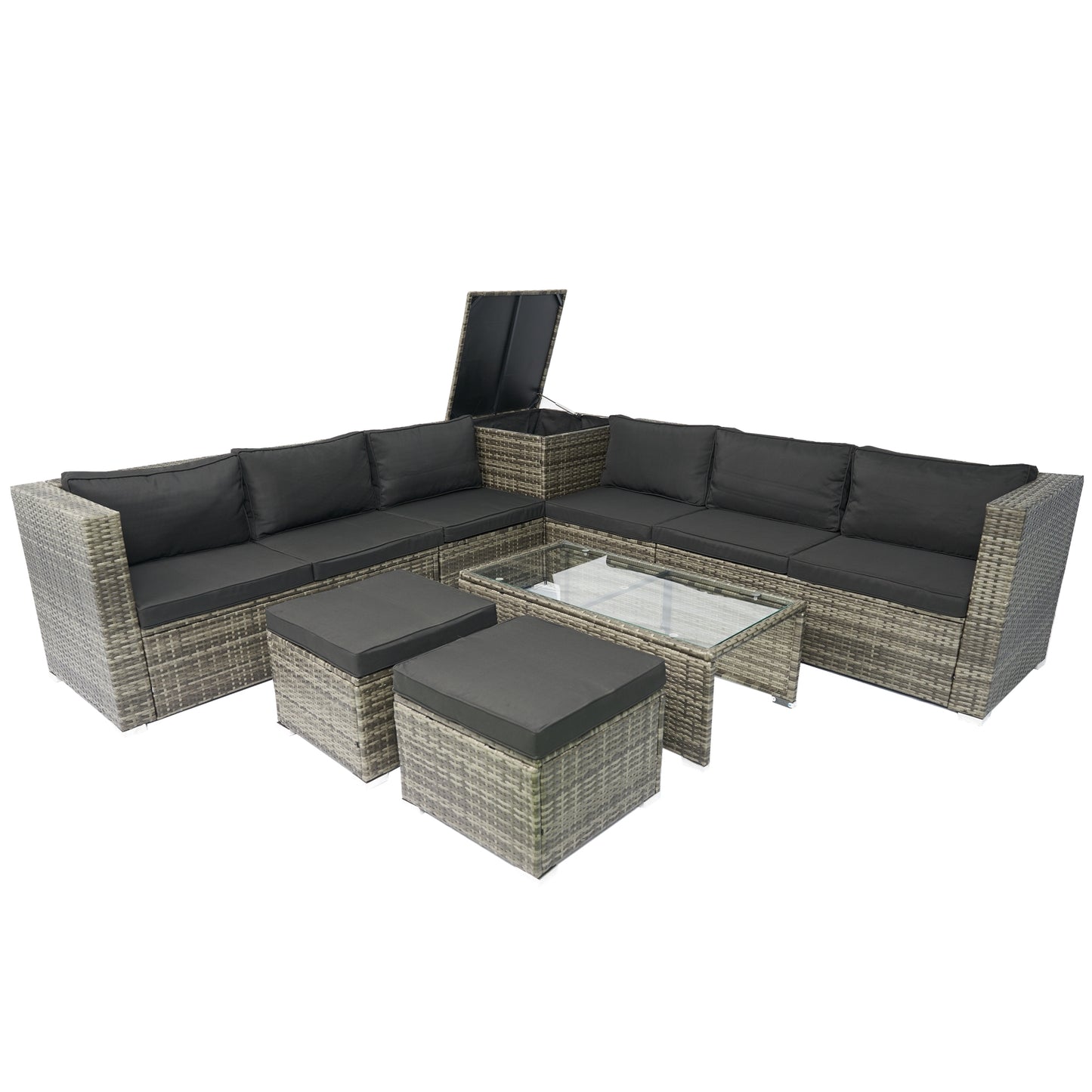 8 Piece Patio Sectional Outdoor Wicker Sofa Set With Under Seat Storage Box And Cushion Box Grey Wicker