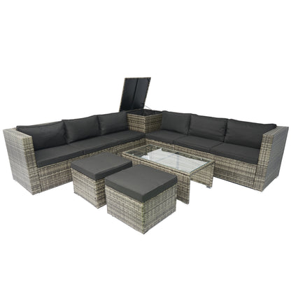 8 Piece Patio Sectional Outdoor Wicker Sofa Set With Under Seat Storage Box And Cushion Box Grey Wicker