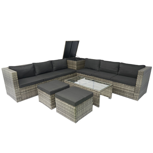 8 Piece Patio Sectional Outdoor Wicker Sofa Set With Under Seat Storage Box And Cushion Box Grey Wicker