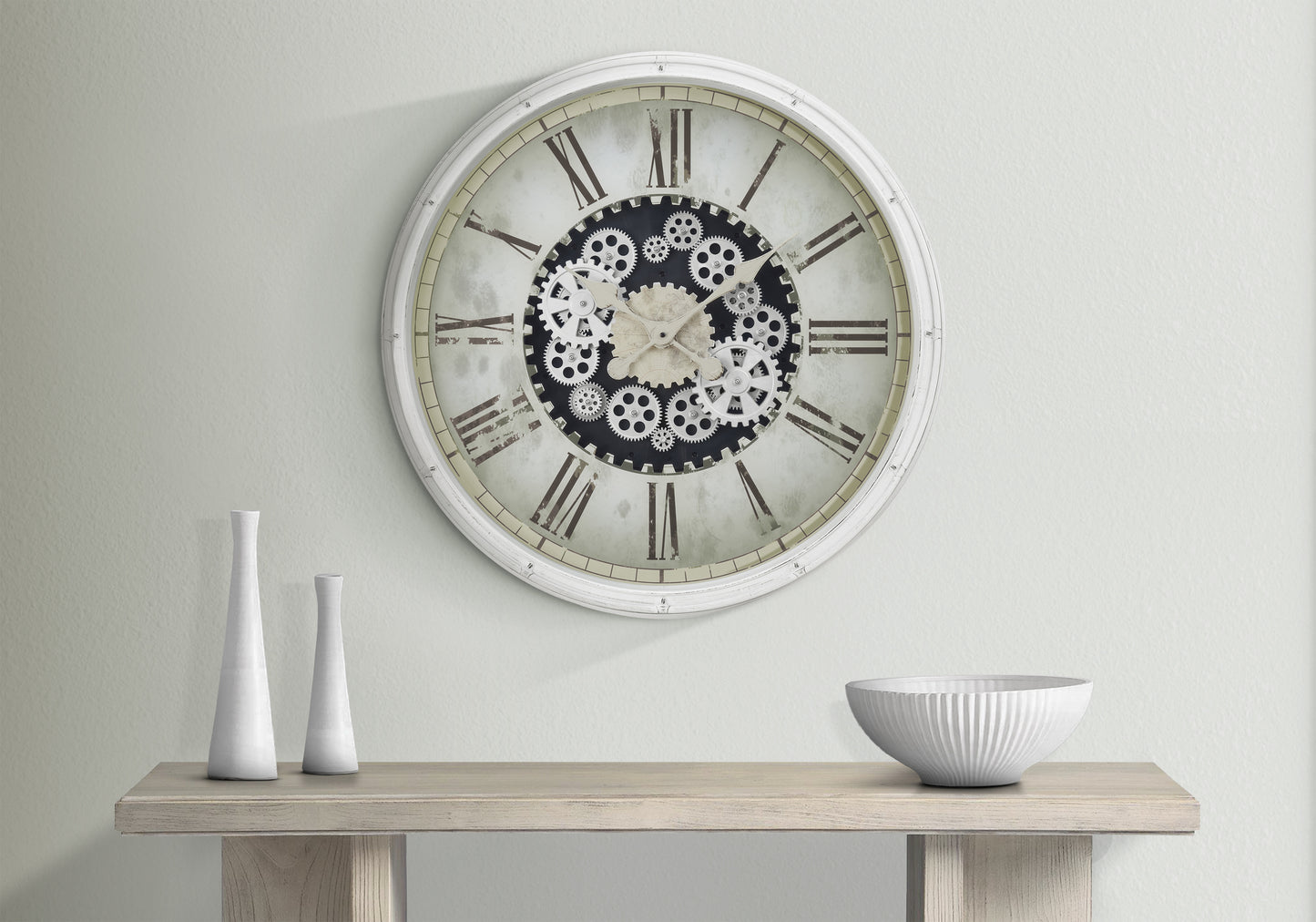 30-Inch Round Wall Clock with Exposed Gear Mechanism, Non-Ticking Transitional Quartz, Glass, White