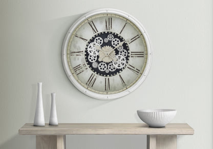 30-Inch Round Wall Clock with Exposed Gear Mechanism, Non-Ticking Transitional Quartz, Glass, White