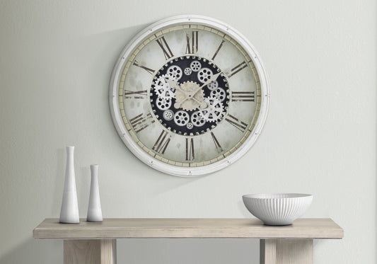 30-Inch Round Wall Clock with Exposed Gear Mechanism, Non-Ticking Transitional Quartz, Glass, White