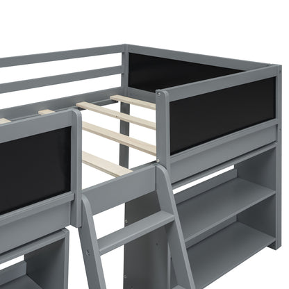 Twin Size Low Loft Bed with Creative Chalkboard Guardrails and Adjustable Storage Shelves, Gray
