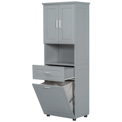 Tall Grey Storage Cabinet with Removable Laundry Hamper, Multi-Functional Upper Shelves and Cabinet Doors