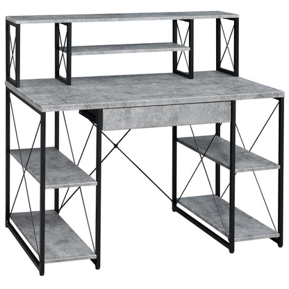 Modern Grey and Black Writing Desk with Open Storage and Hutch
