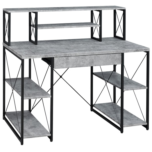 Modern Grey and Black Writing Desk with Open Storage and Hutch