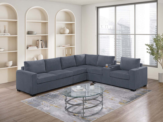 6-Piece L-Shaped Sectional Sofa Set with Console, USB, Cup Holders, Corner Wedge, Corduroy Dark Gray