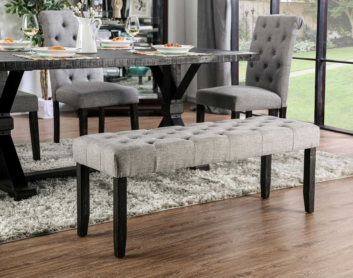 Dining Room Bench 48W x 16D, Solid Wood, Button Tufted Linen Upholstery, Rustic Contemporary Light Gray