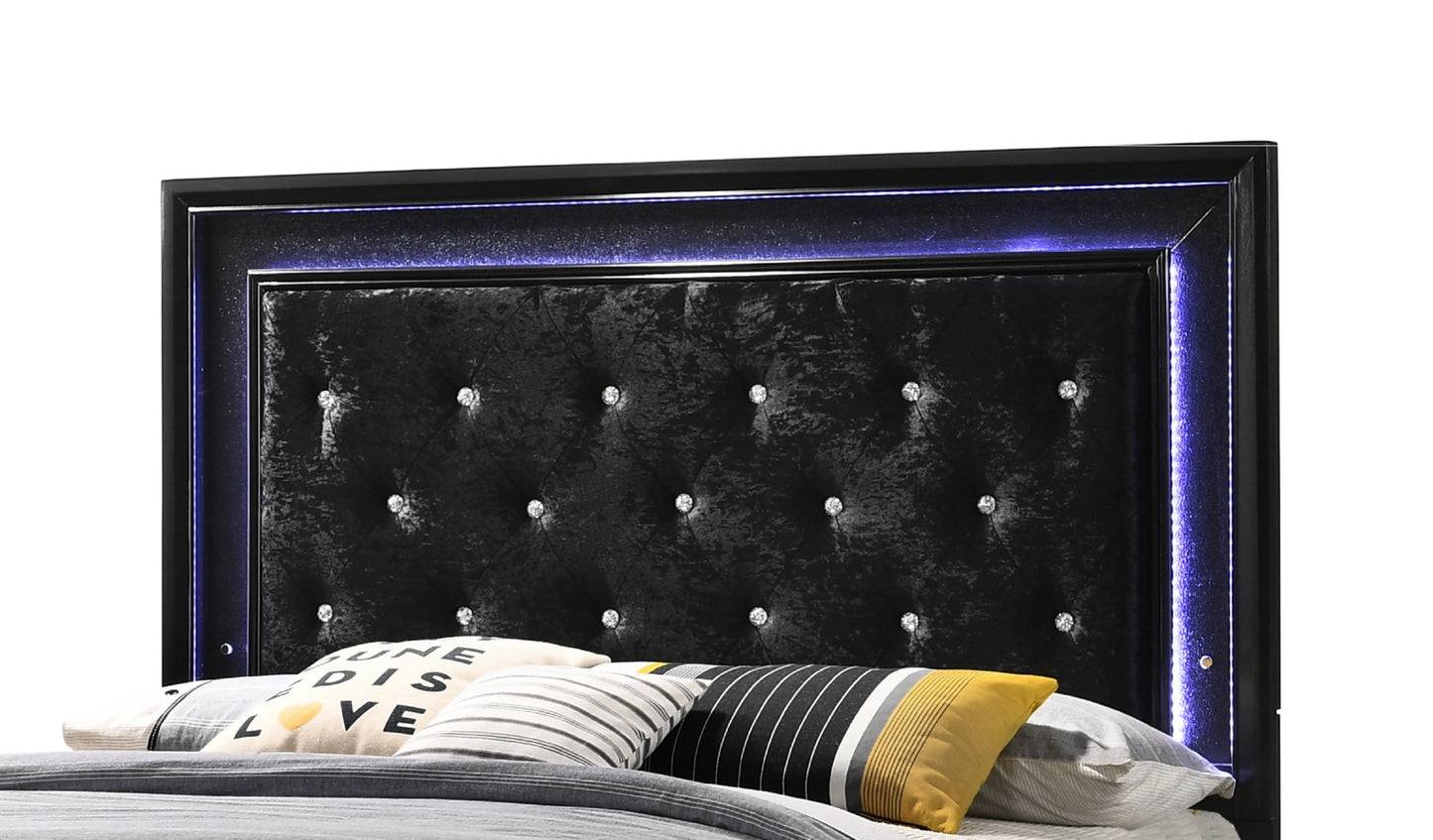 Contemporary LED Queen Size Bed with Faux Diamond Tufting and Black Upholstered Finish