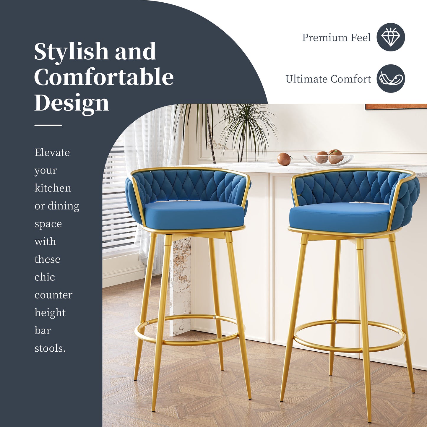 Swivel Counter Height Bar Stools Set of 2 Blue Gold Legs
