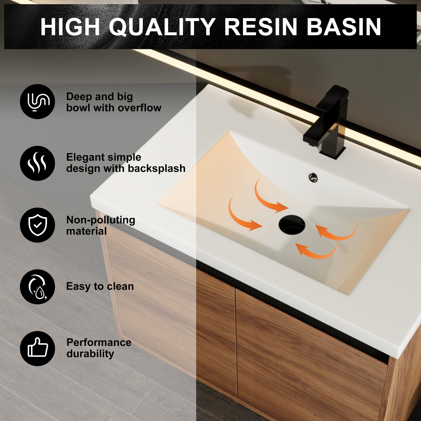 30-Inch LEVISTAR Brown Engineered Wood Bathroom Vanity with Resin Sink and Dual Door Storage Cabinet