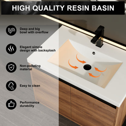 30-Inch LEVISTAR Brown Engineered Wood Bathroom Vanity with Resin Sink and Dual Door Storage Cabinet