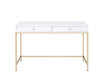 Contemporary White High Gloss Writing Desk with Gold Accents