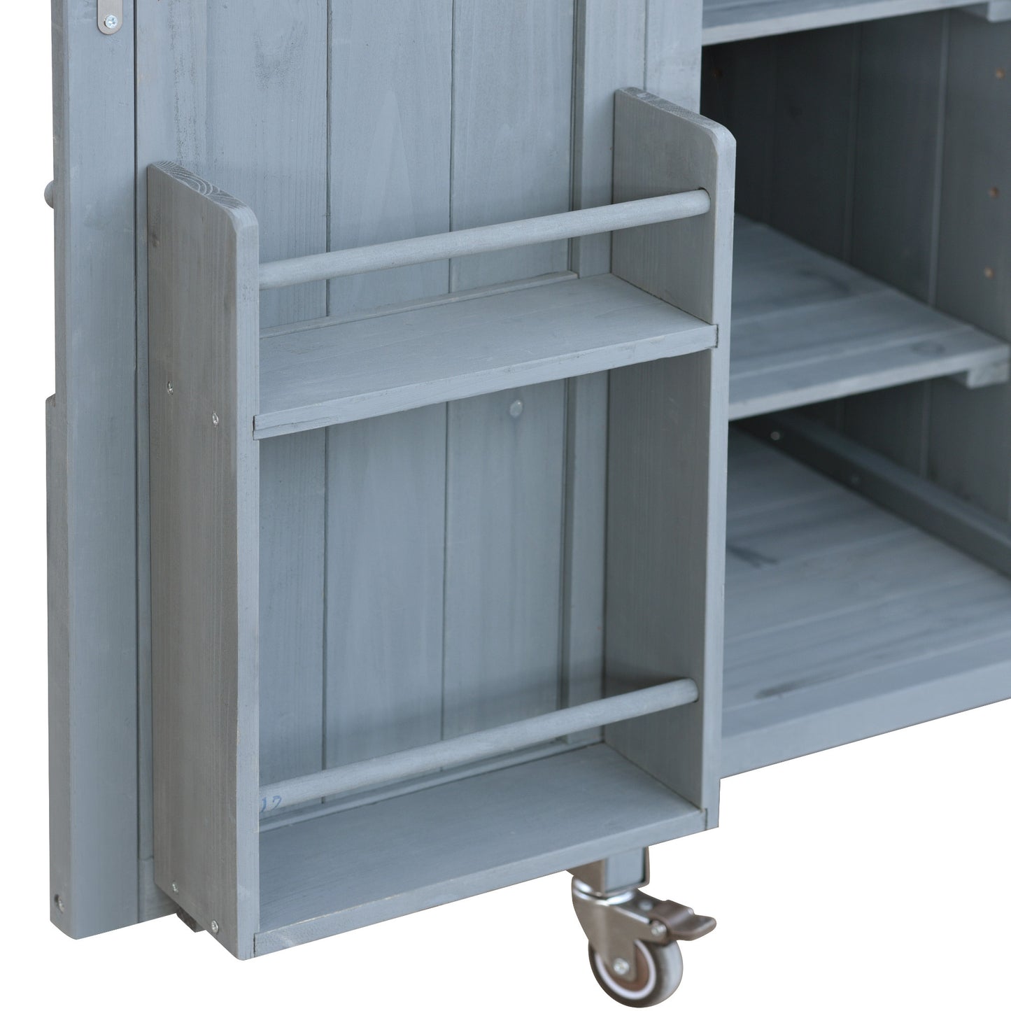 Rolling Outdoor Kitchen Island with Stainless Steel Top, Grey Blue Fir Wood Bar Cart & Storage Cabinet for BBQ and Garden Parties