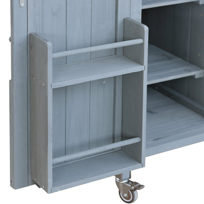 Rolling Outdoor Kitchen Island with Stainless Steel Top, Grey Blue Fir Wood Bar Cart & Storage Cabinet for BBQ and Garden Parties