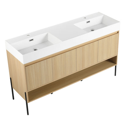 60-Inch Modern Oak Bathroom Vanity Set with Single Resin Sink and 4-Door Storage Cabinet