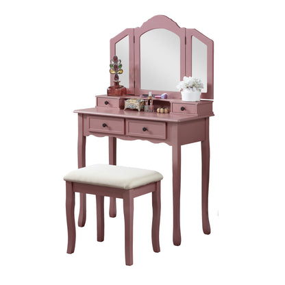 Wooden Vanity Makeup Table and Stool Set with Large Mirror, Storage Drawers, Drawer Organizer for Bedroom, Rose Gold