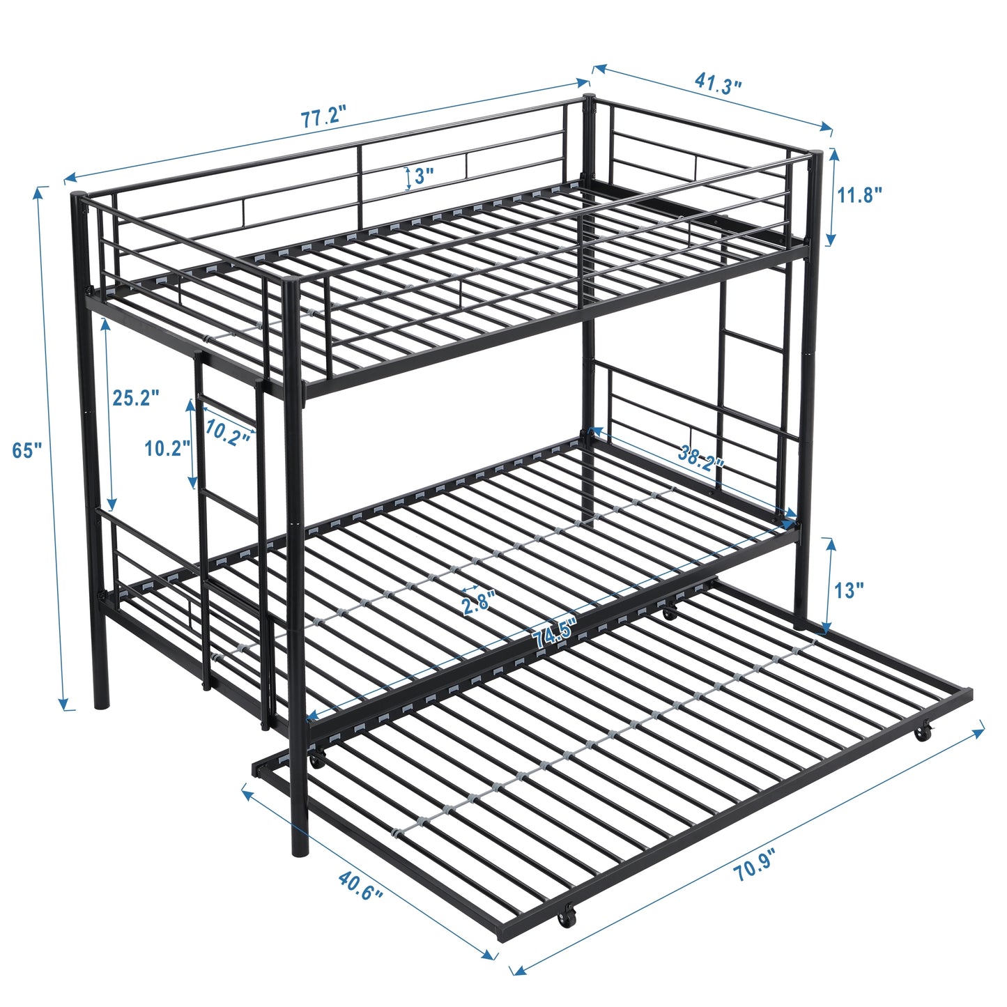 Black Metal Bunk Bed with Trundle for Space-Saving Comfort