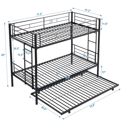 Black Metal Bunk Bed with Trundle for Space-Saving Comfort