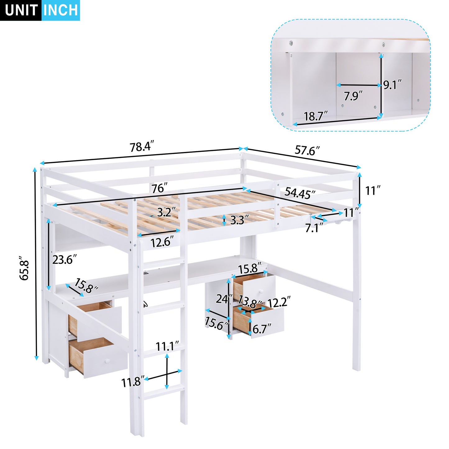 White Full Size Loft Bed with Integrated Desk, Storage Drawers, Bedside Tray, and Charging Station