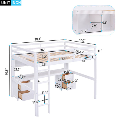 White Full Size Loft Bed with Integrated Desk, Storage Drawers, Bedside Tray, and Charging Station