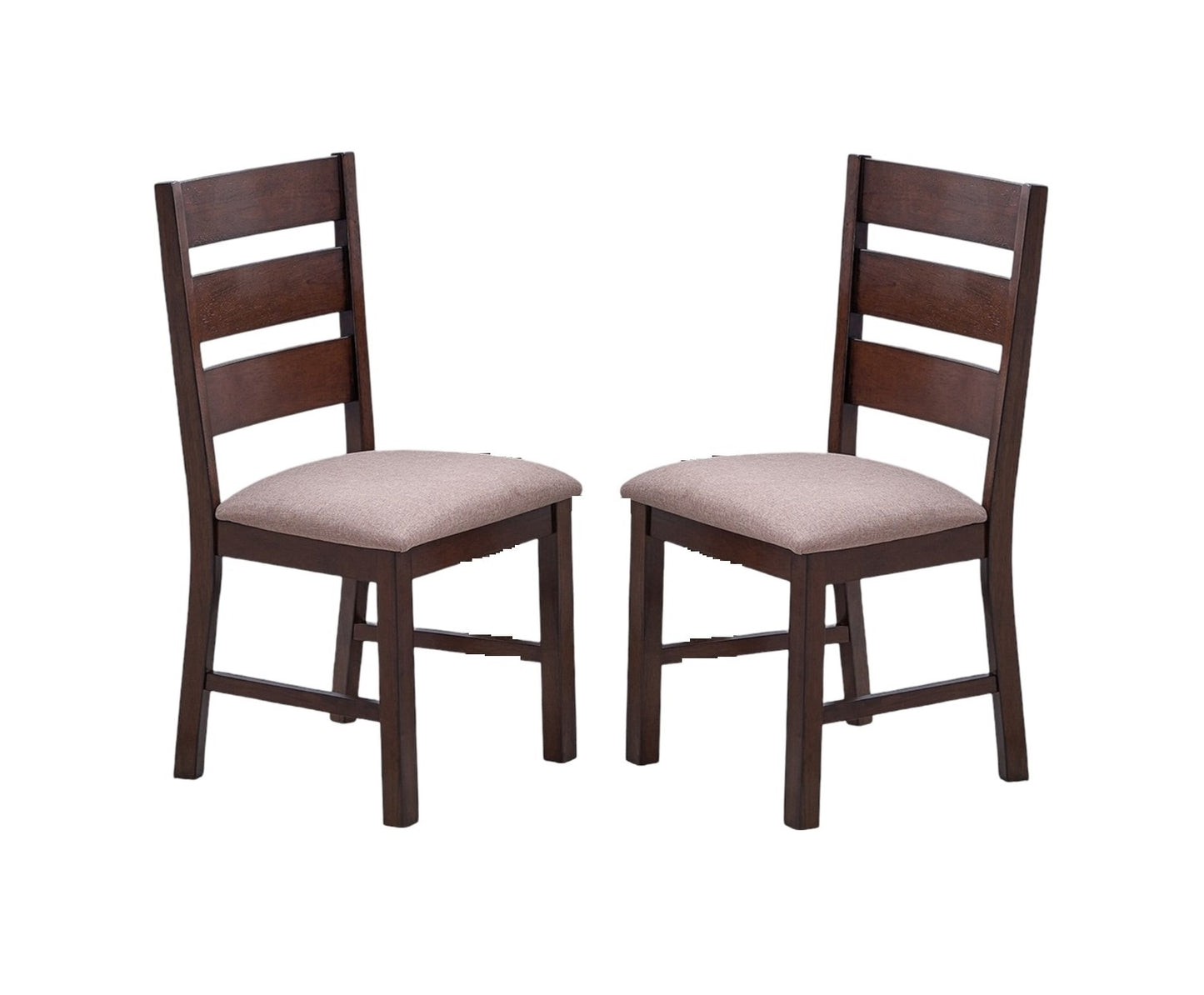 Set of 2 Dining Chairs - Solid Rubberwood, Ladder Back, Upholstered Seats, Contemporary, Antique Cherry