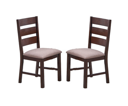 Set of 2 Dining Chairs - Solid Rubberwood, Ladder Back, Upholstered Seats, Contemporary, Antique Cherry
